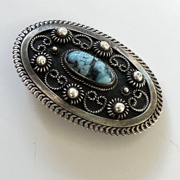 Midcentury 1940's Silver Filagree Brooch - Set with Blue stone - Picture 11 of 14